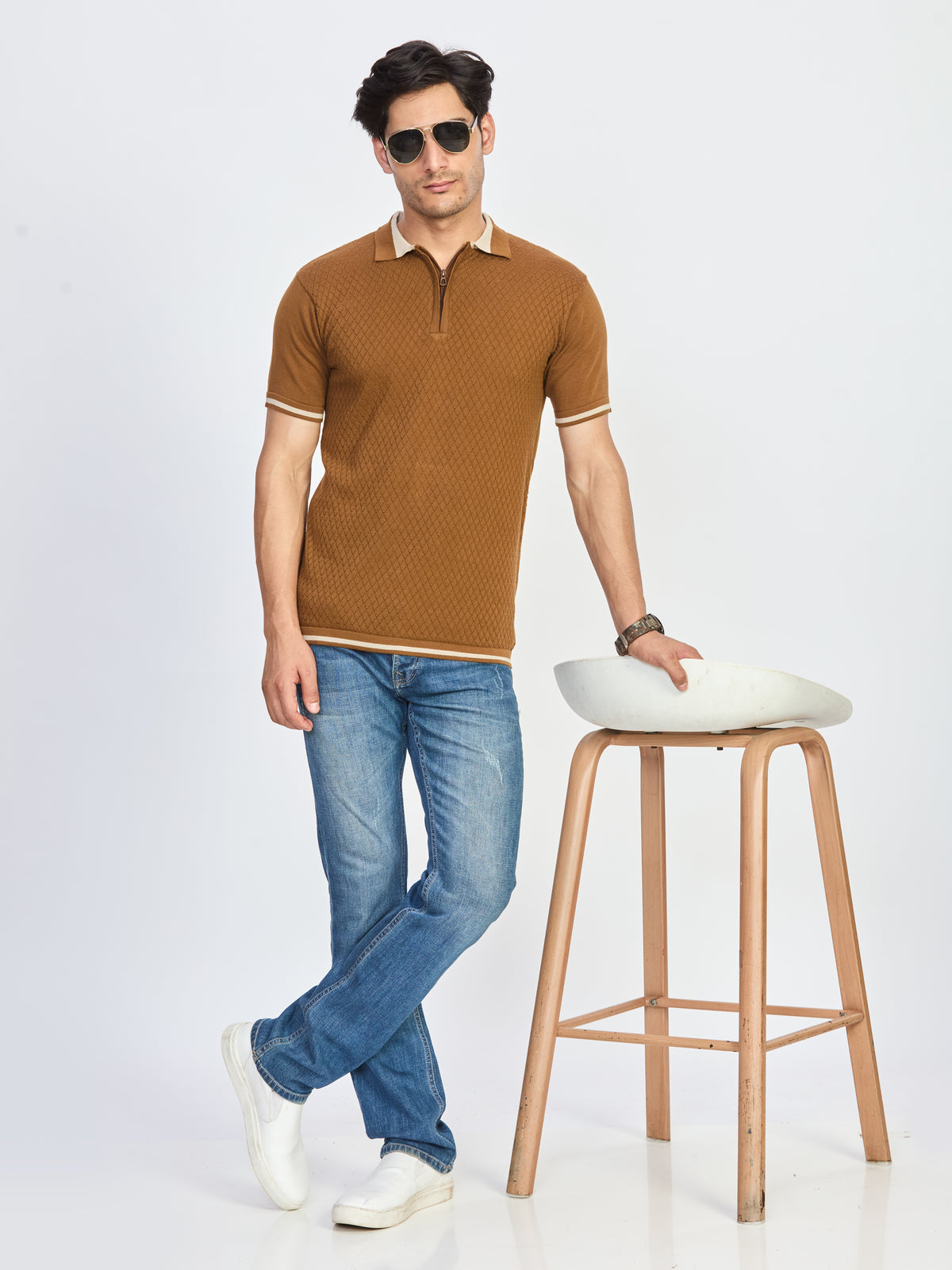 Camel Brown Textured Zip Polo T-Shirt