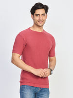 Pink Textured Knit Round Neck Half Sleeve T-Shirt
