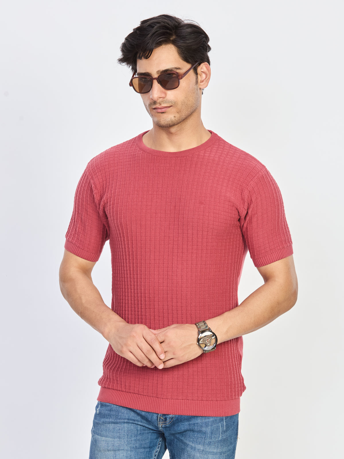 Pink Textured Knit Round Neck Half Sleeve T-Shirt