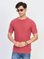 Pink Textured Knit Round Neck Half Sleeve T-Shirt