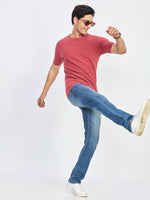 Pink Textured Knit Round Neck Half Sleeve T-Shirt