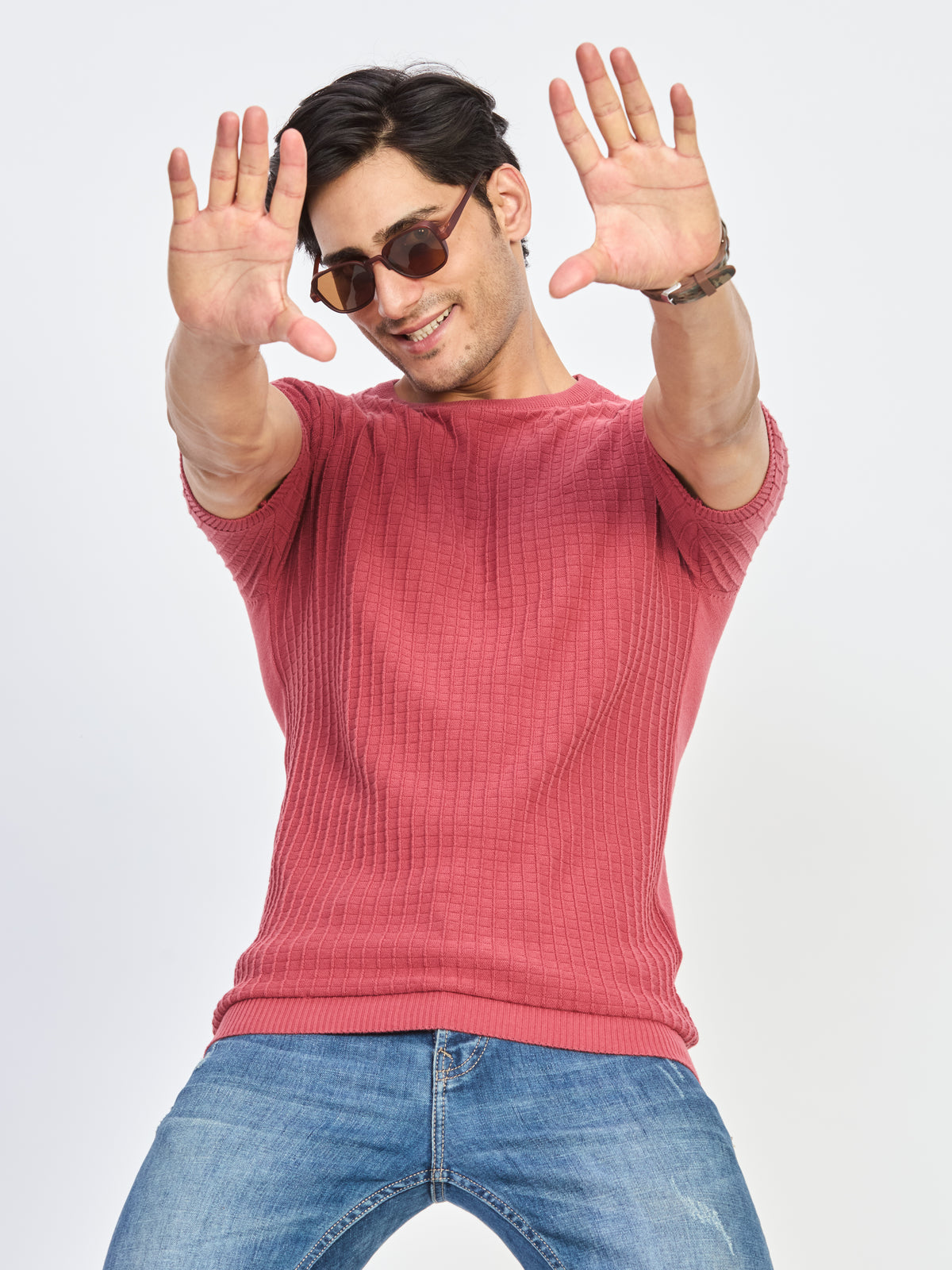 Pink Textured Knit Round Neck Half Sleeve T-Shirt