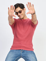 Pink Textured Knit Round Neck Half Sleeve T-Shirt