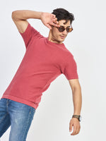 Pink Textured Knit Round Neck Half Sleeve T-Shirt