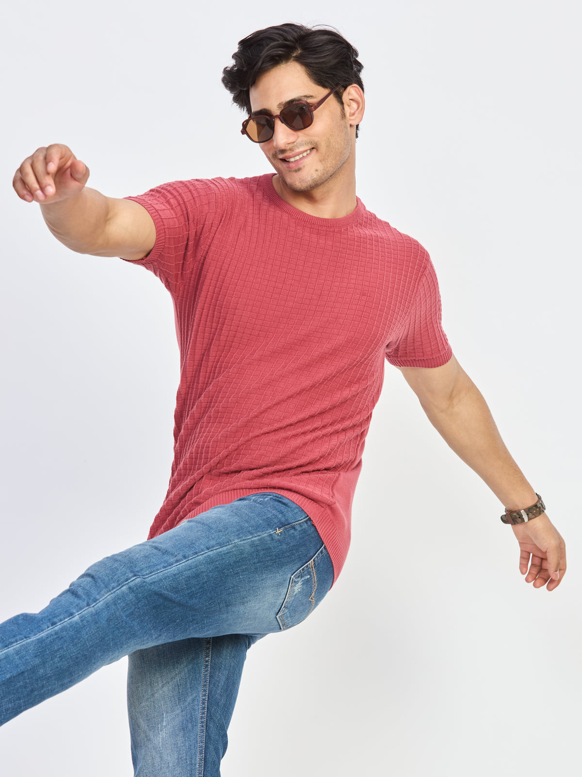 Pink Textured Knit Round Neck Half Sleeve T-Shirt