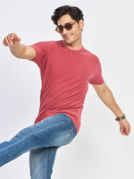 Pink Textured Knit Round Neck Half Sleeve T-Shirt