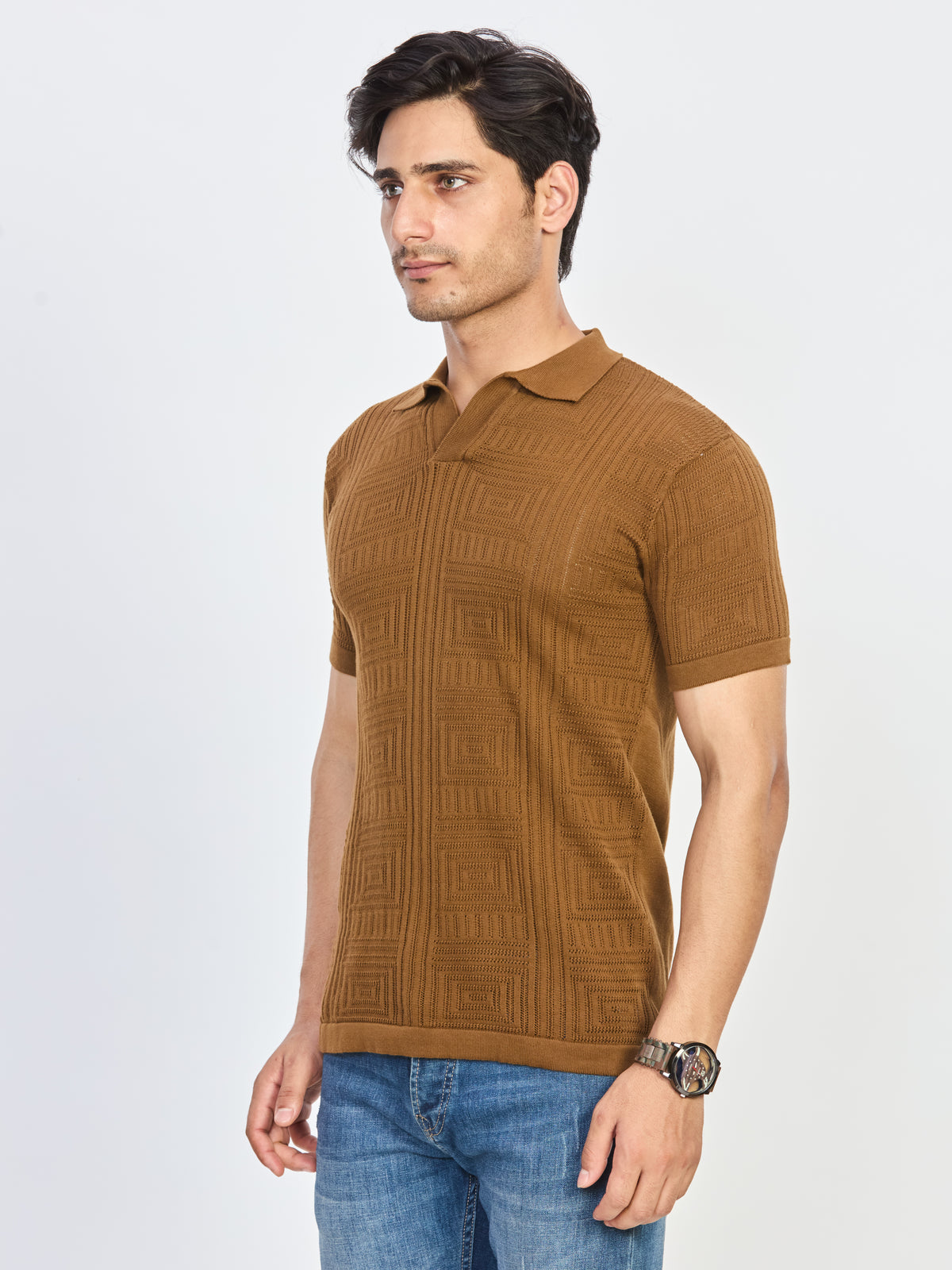 Toffee Brown Jacquard Knit Polo.