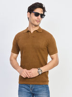 Toffee Brown Jacquard Knit Polo.