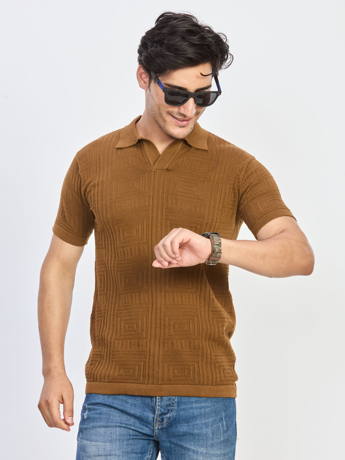 Toffee Brown Jacquard Knit Polo.