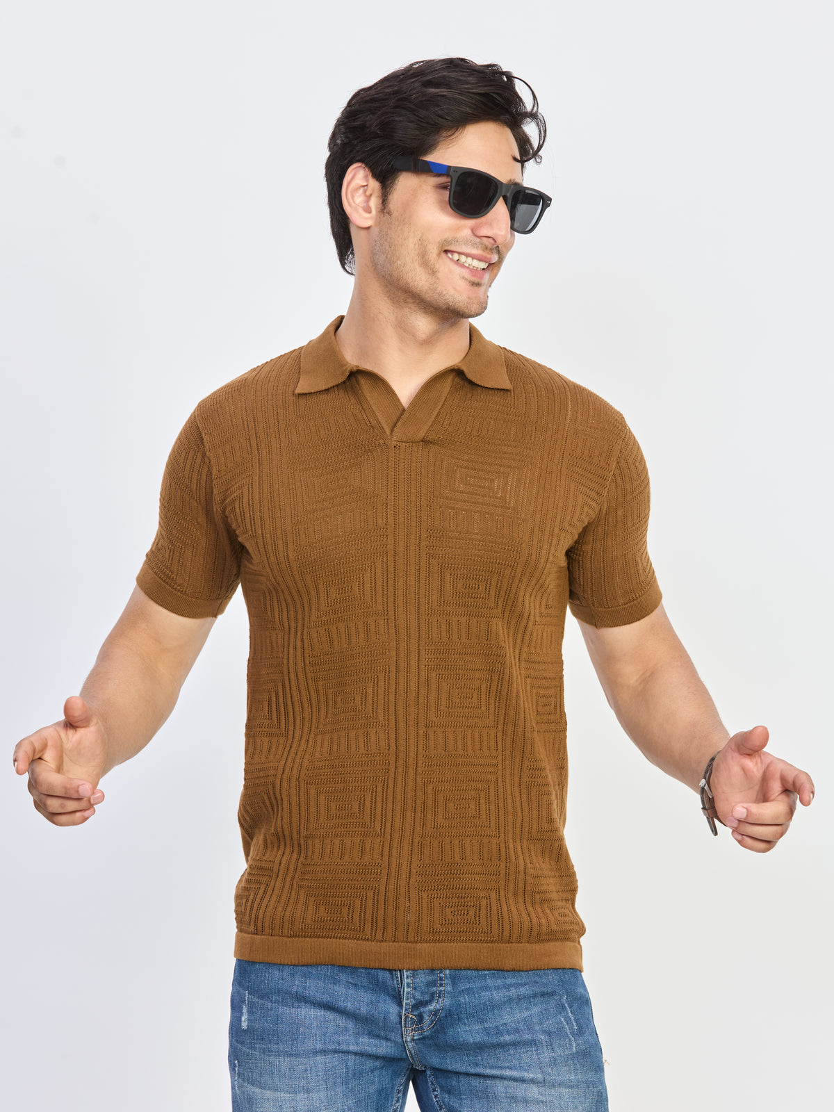 Toffee Brown Jacquard Knit Polo.