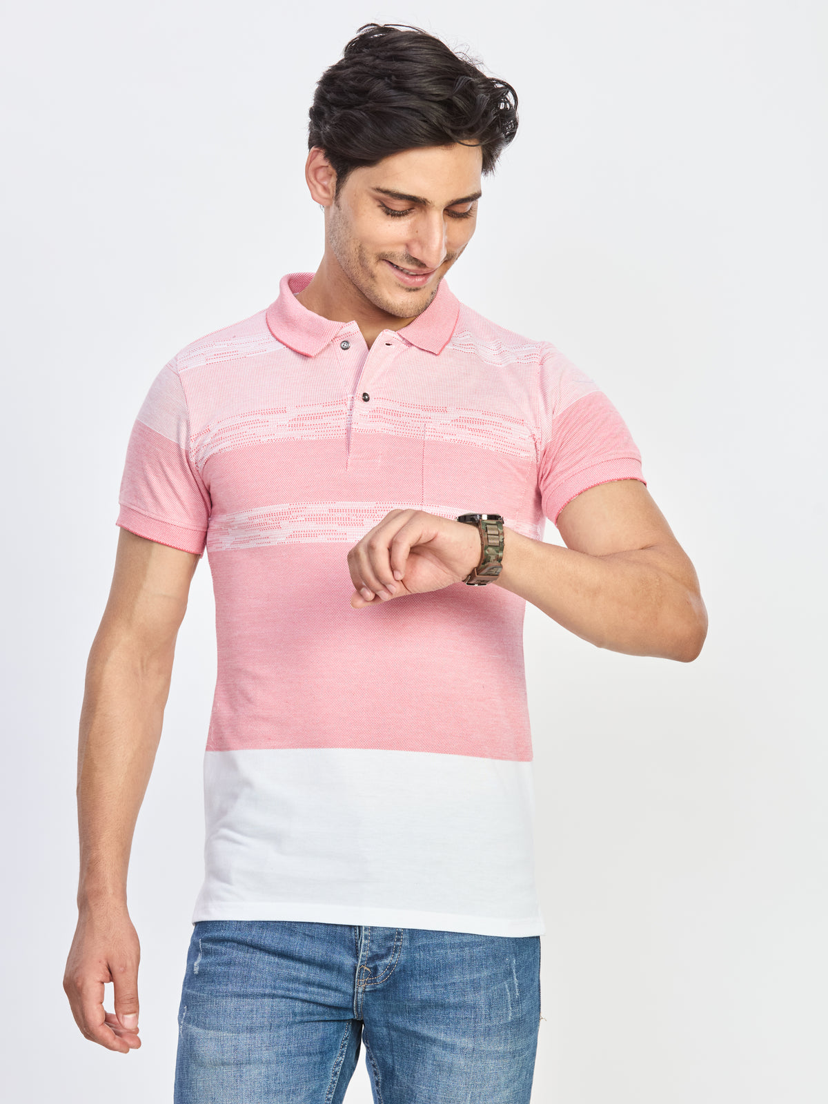 Blush Pink & Off-White Patterned Polo T-Shirt