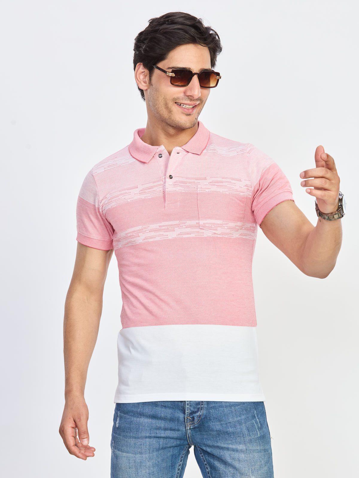 Blush Pink & Off-White Patterned Polo T-Shirt