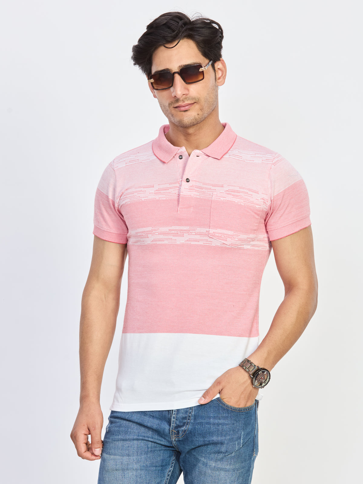 Blush Pink & Off-White Patterned Polo T-Shirt