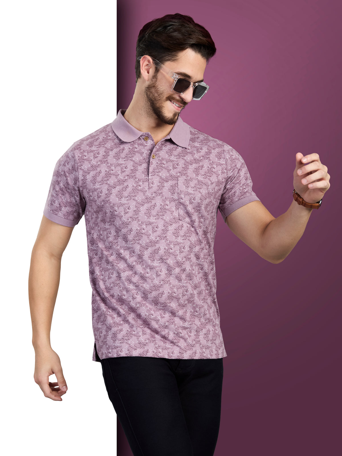Lavender Printed Polo Neck T-Shirt