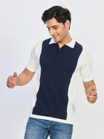 Navy Blue & Off-White Textured Zip Polo T-Shirt
