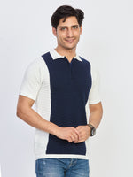 Navy Blue & Off-White Textured Zip Polo T-Shirt