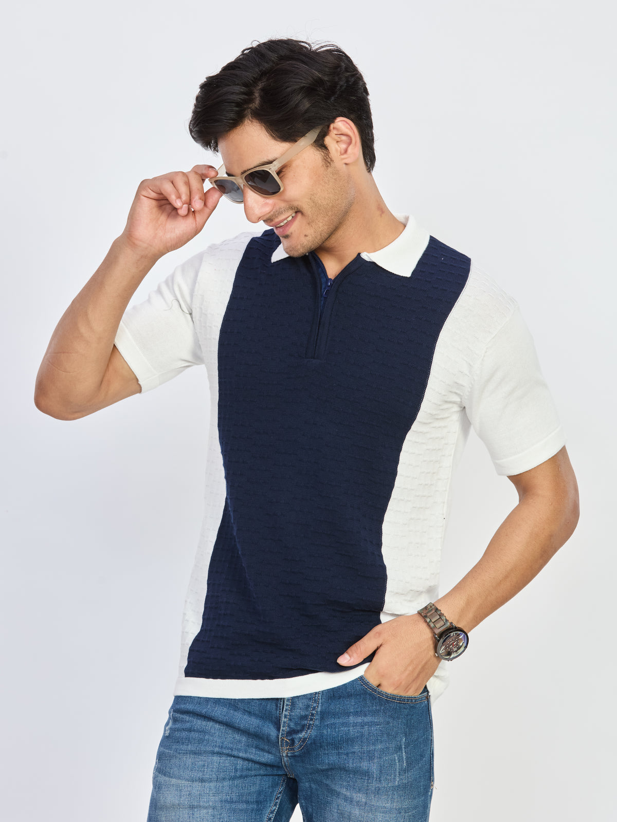 Navy Blue & Off-White Textured Zip Polo T-Shirt