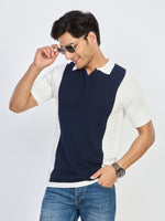 Navy Blue & Off-White Textured Zip Polo T-Shirt