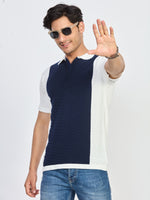 Navy Blue & Off-White Textured Zip Polo T-Shirt