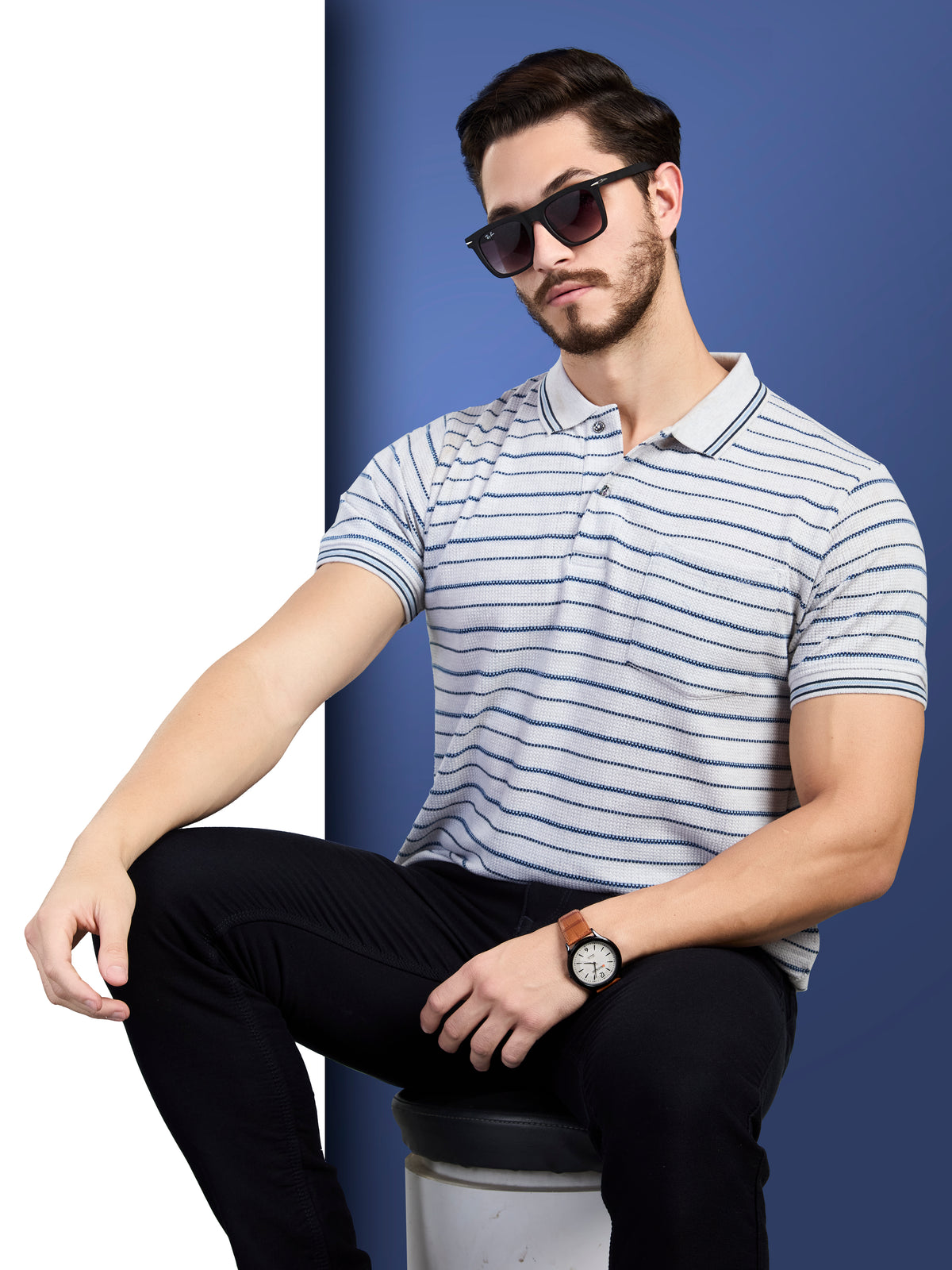 Grey Striped Polo Neck T-Shirt
