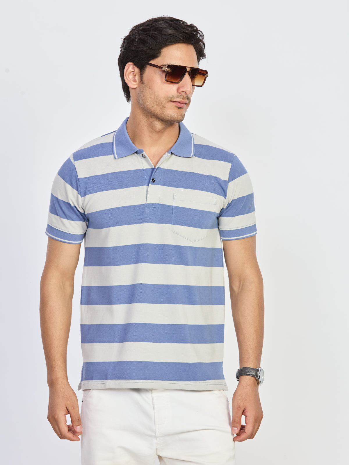 Blue & White Stripe Pocket Polo T-Shirt