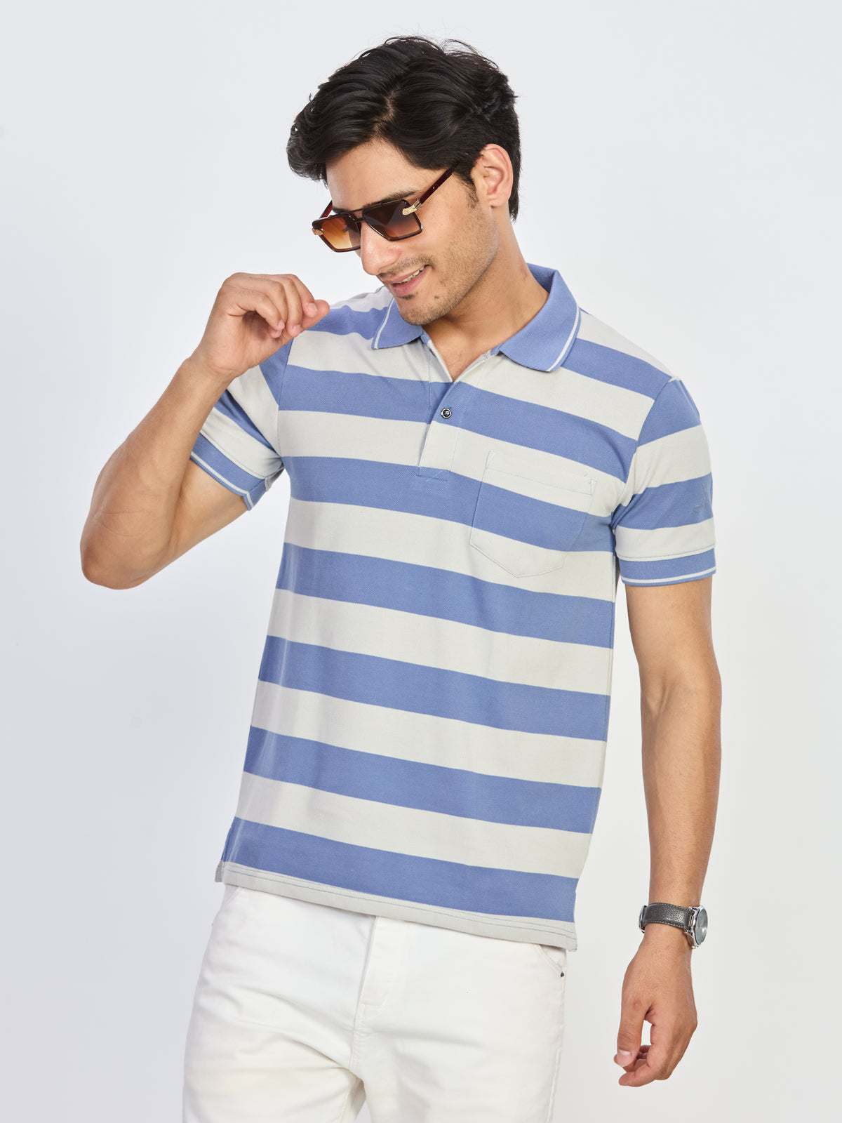 Blue & White Stripe Pocket Polo T-Shirt
