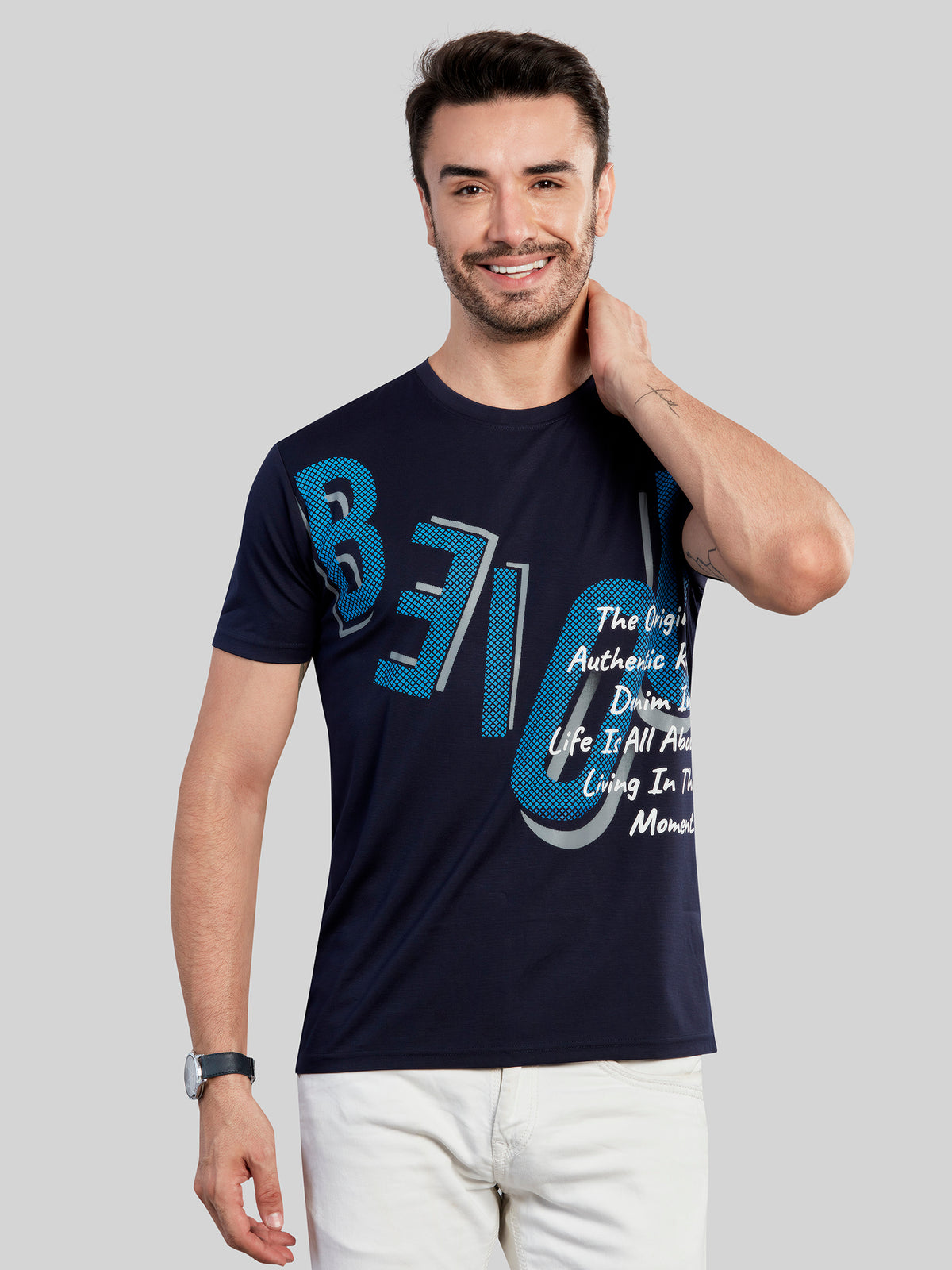 Navy Printed Round Neck T-Shirt