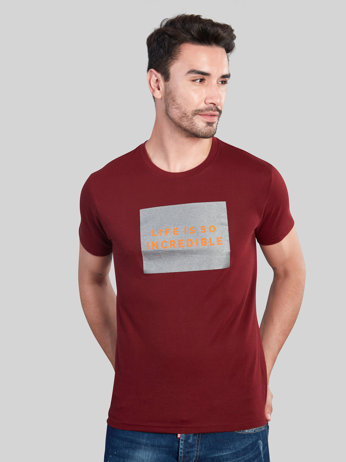 Maroon Printed Round Neck T-Shirt