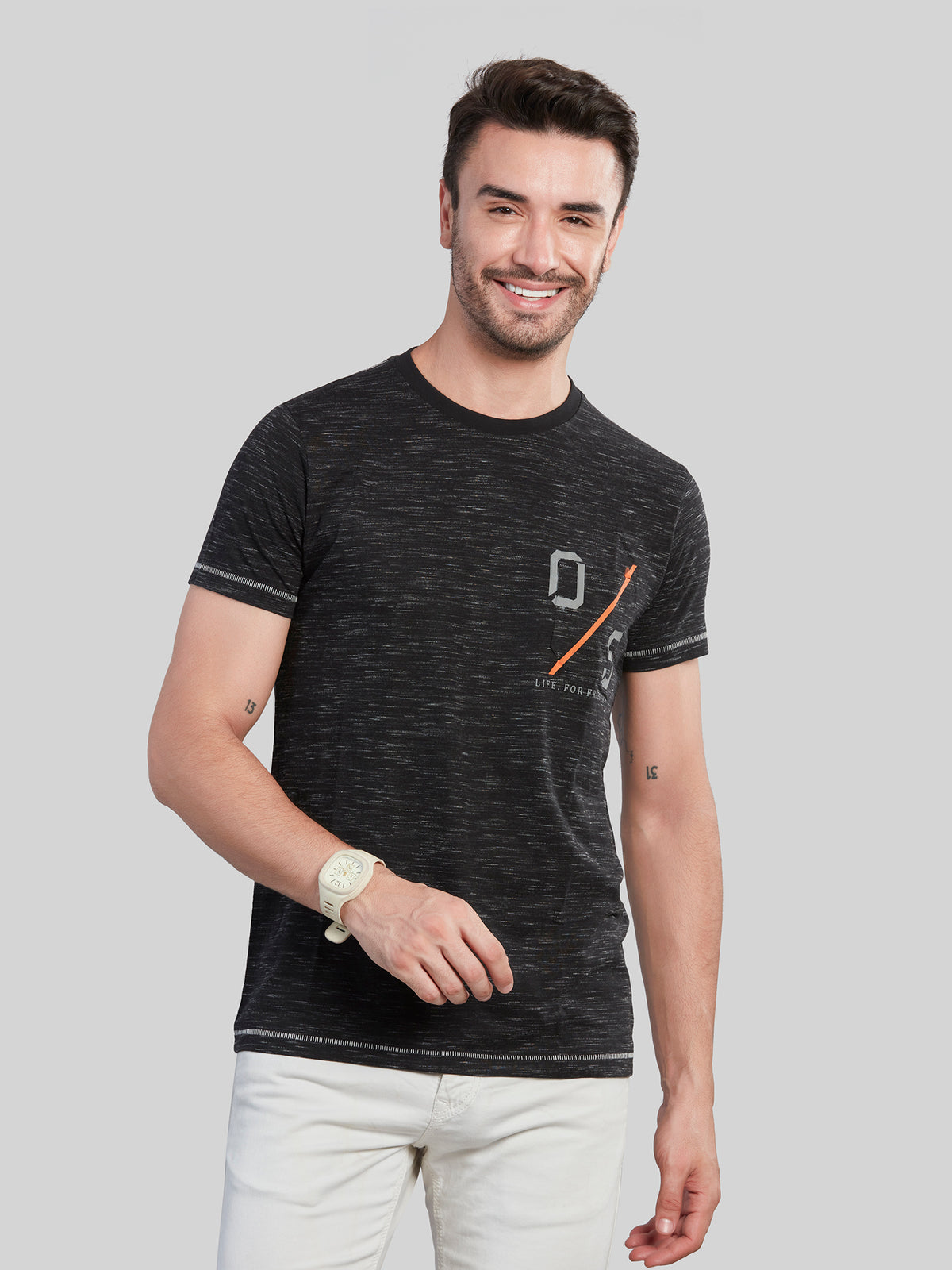 Black Printed Round Neck T-Shirt