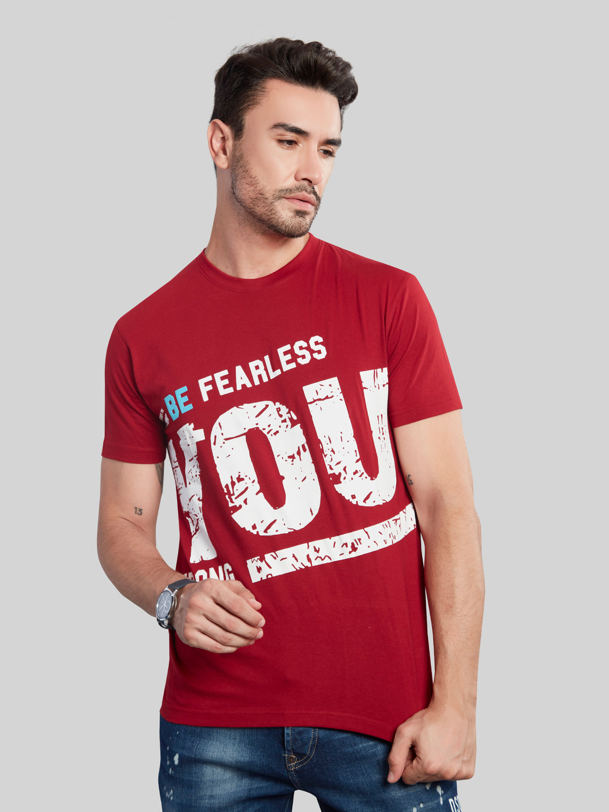 Maroon Printed Round Neck T-Shirt