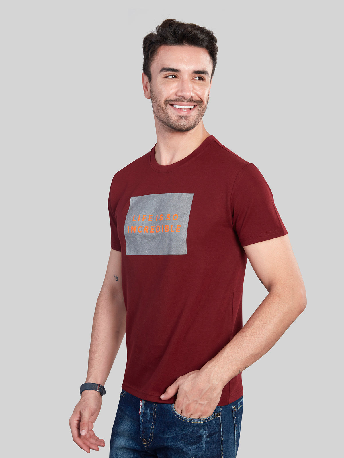 Maroon Printed Round Neck T-Shirt