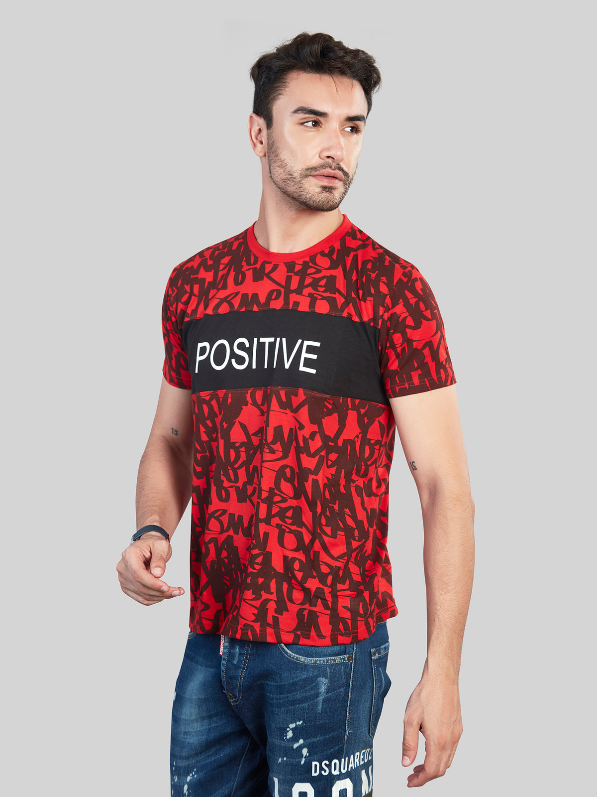 Red with Black Printed Round Neck T-Shirt