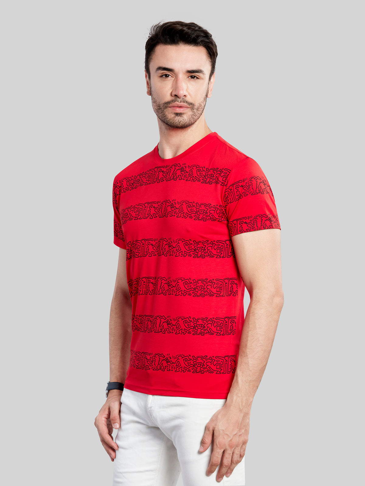 Red with Black Printed Round Neck T-Shirt