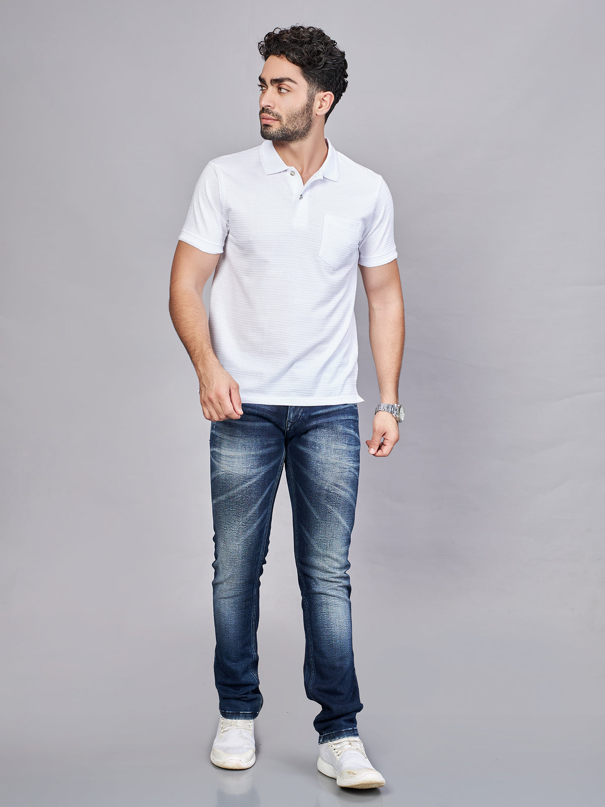 White Striped Polo Neck T-shirt