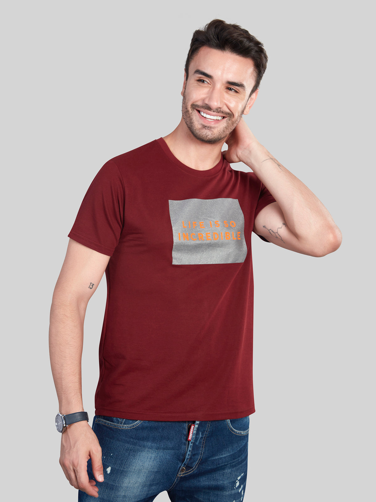 Maroon Printed Round Neck T-Shirt