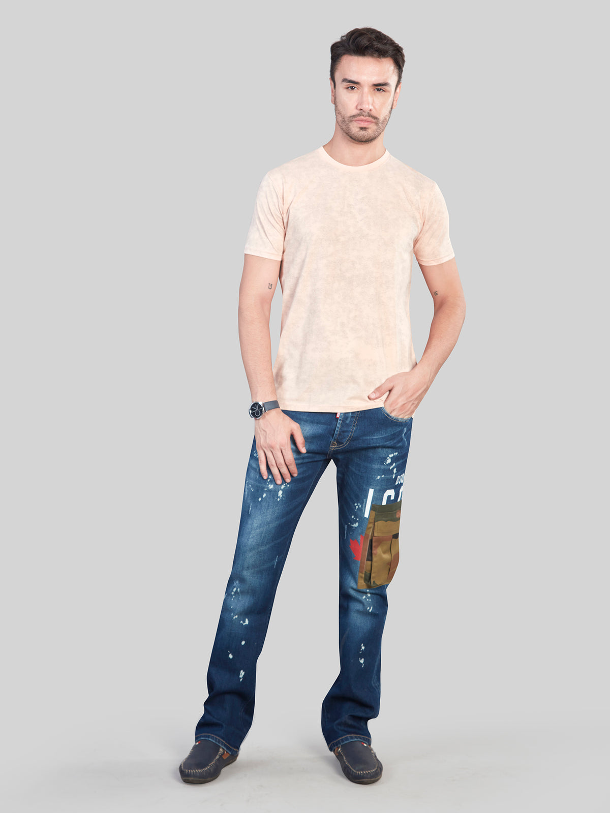 Peach All Over Printed Round Neck T-Shirt