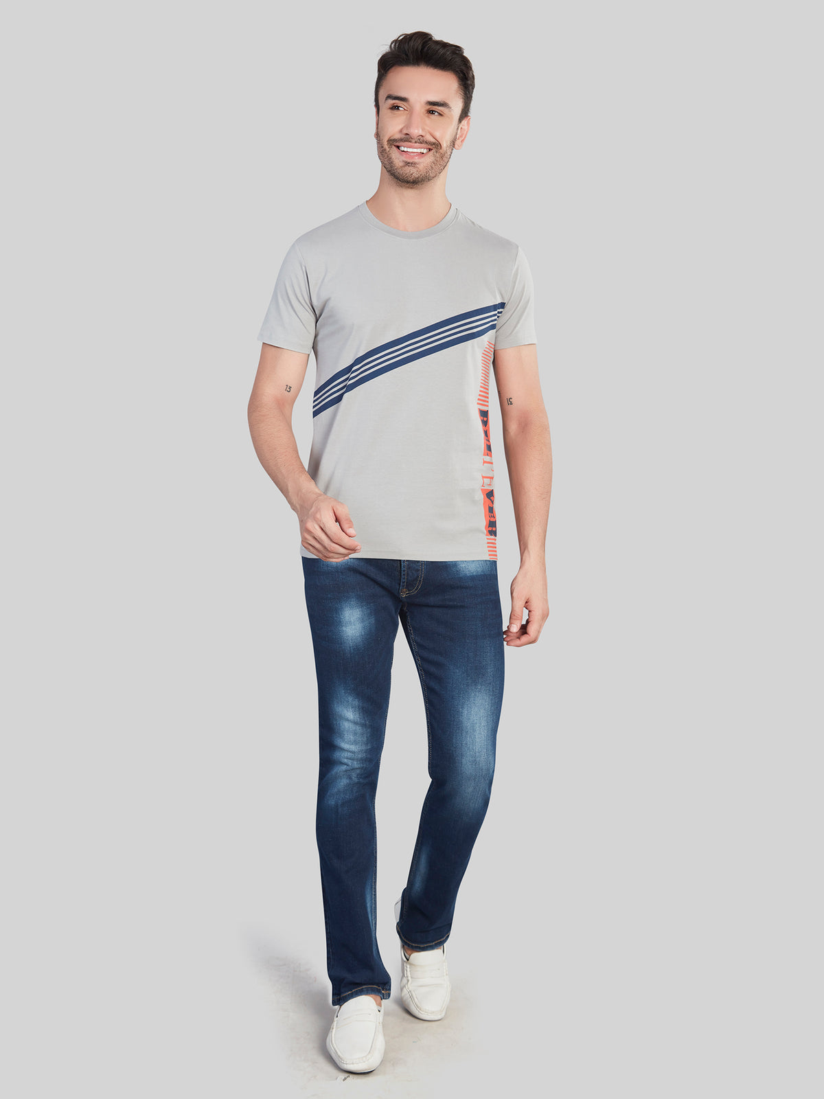 Light Grey Printed Round Neck T-Shirt
