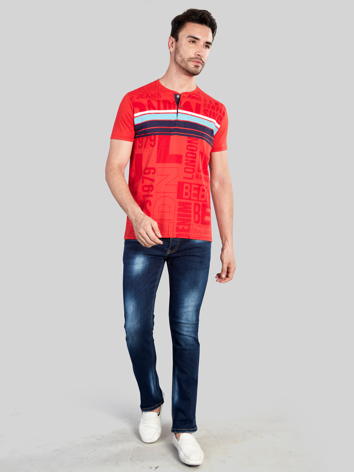 Red Printed Henly Neck T-Shirt