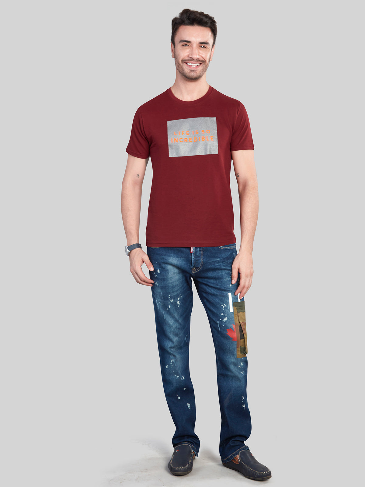 Maroon Printed Round Neck T-Shirt
