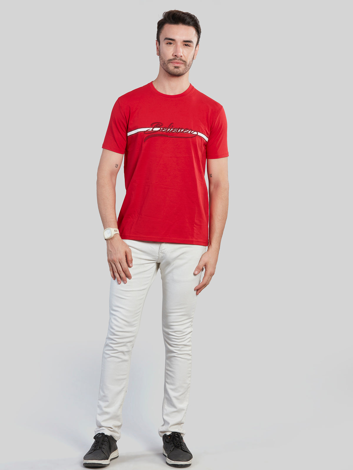 Red with White Printed Round Neck T-Shirt