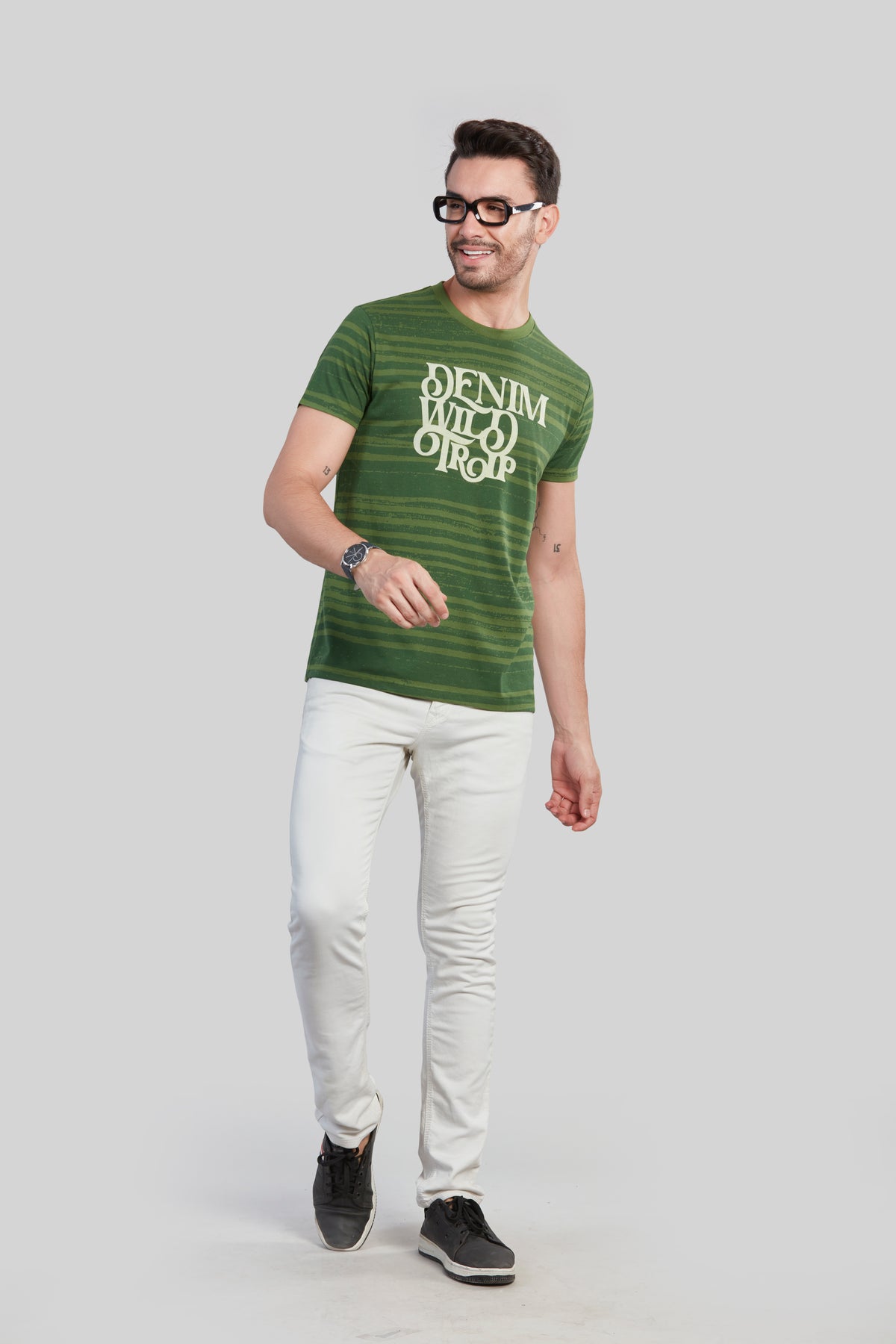 Green Printed Striped Round Neck T-Shirt
