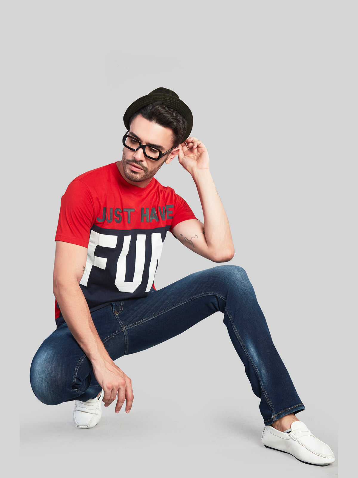 Red with Blue Printed Round Neck T-Shirt