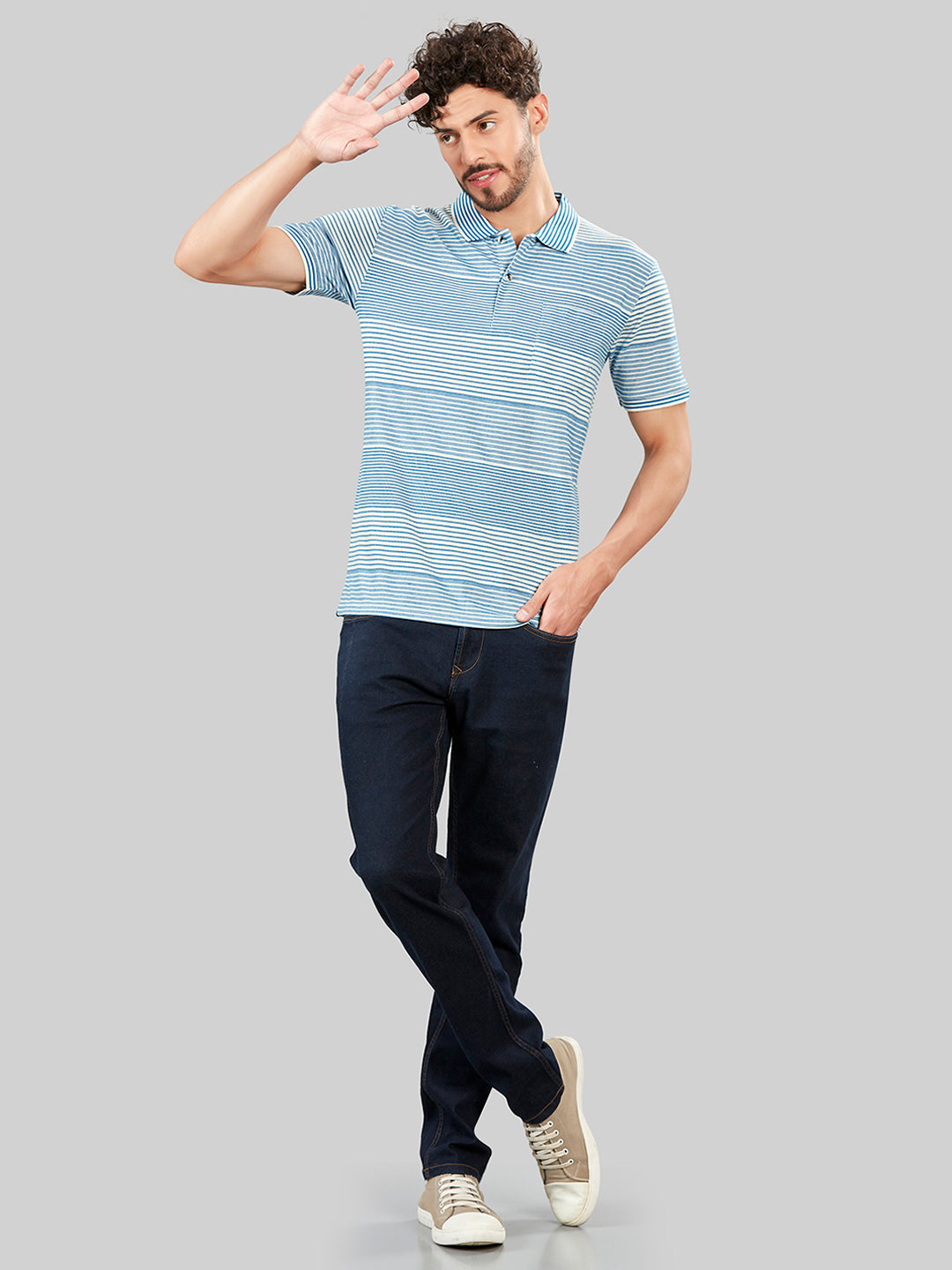 Off White Striped Polo Neck T-Shirt