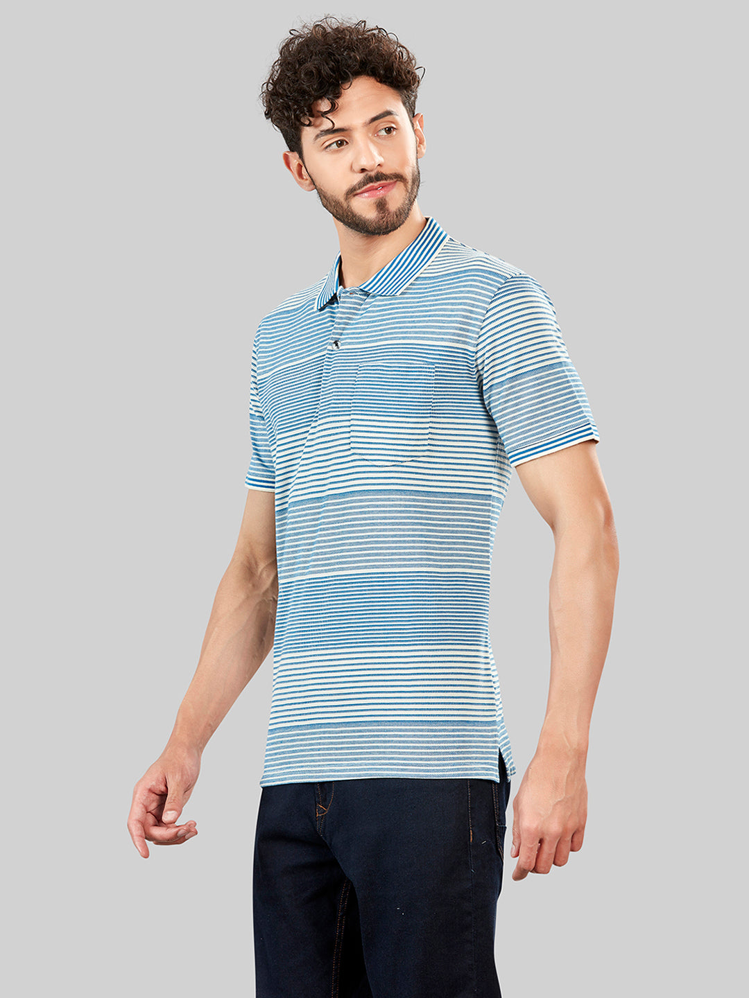Off White Striped Polo Neck T-Shirt