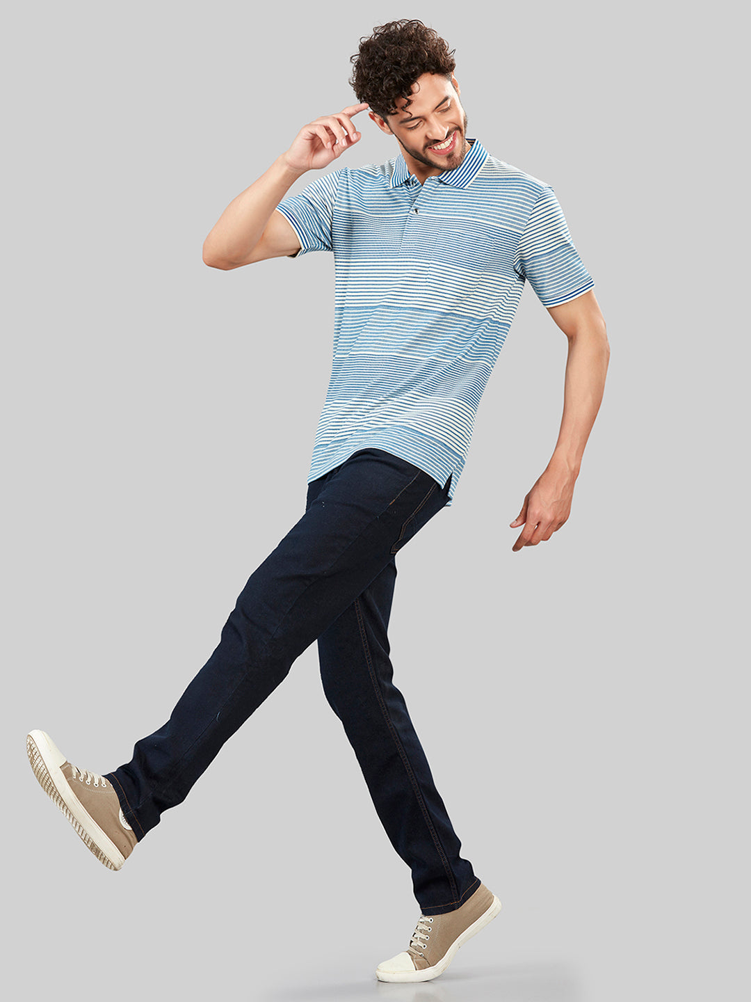 Off White Striped Polo Neck T-Shirt