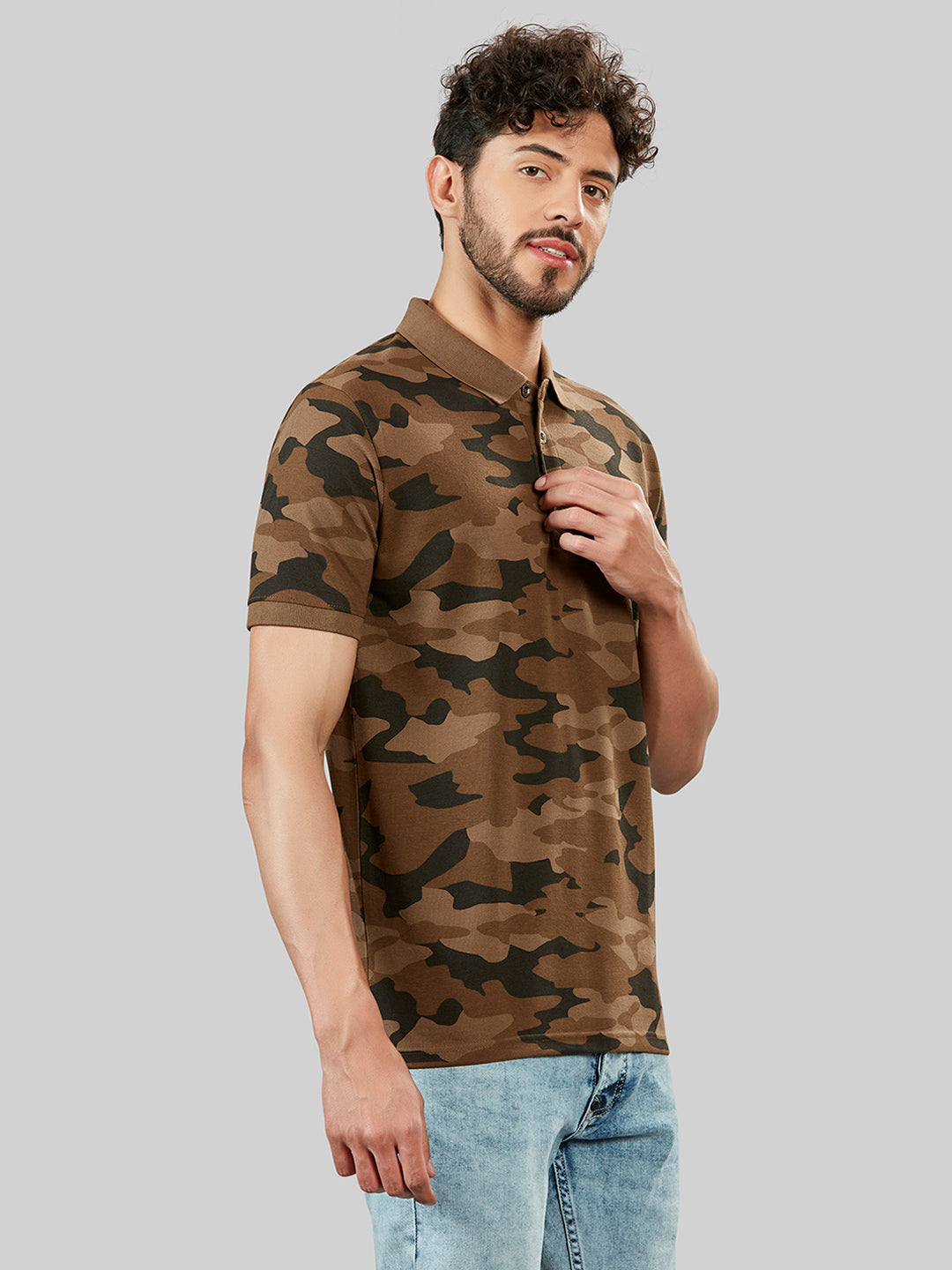 Olive Printed Polo Neck T-Shirt