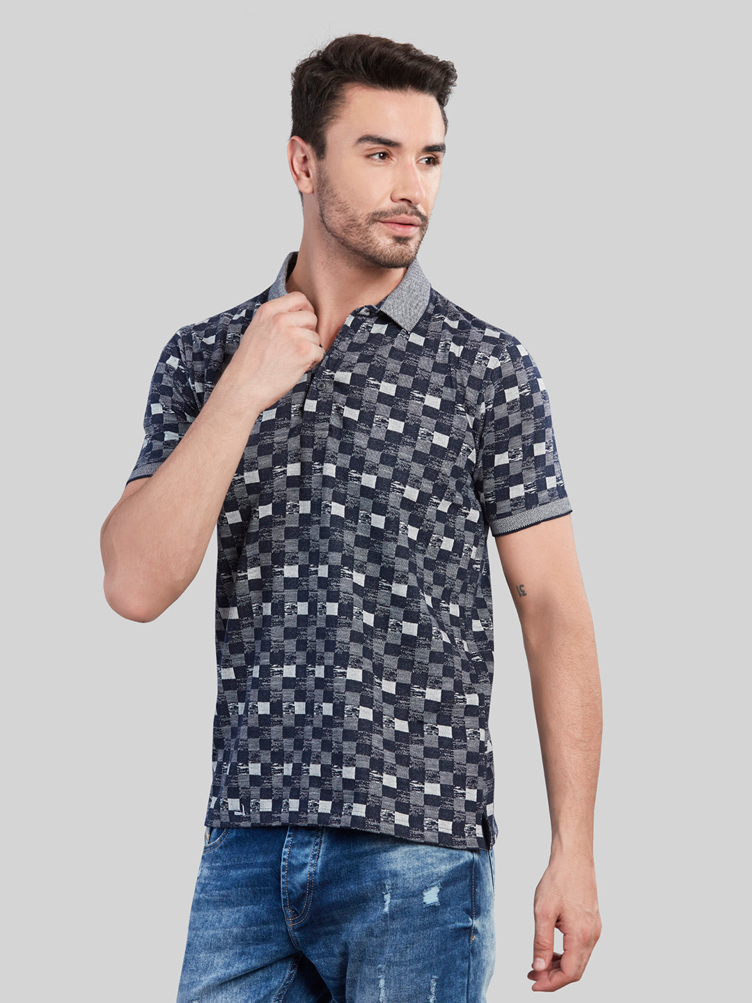 Navy Printed Polo Neck T-Shirt