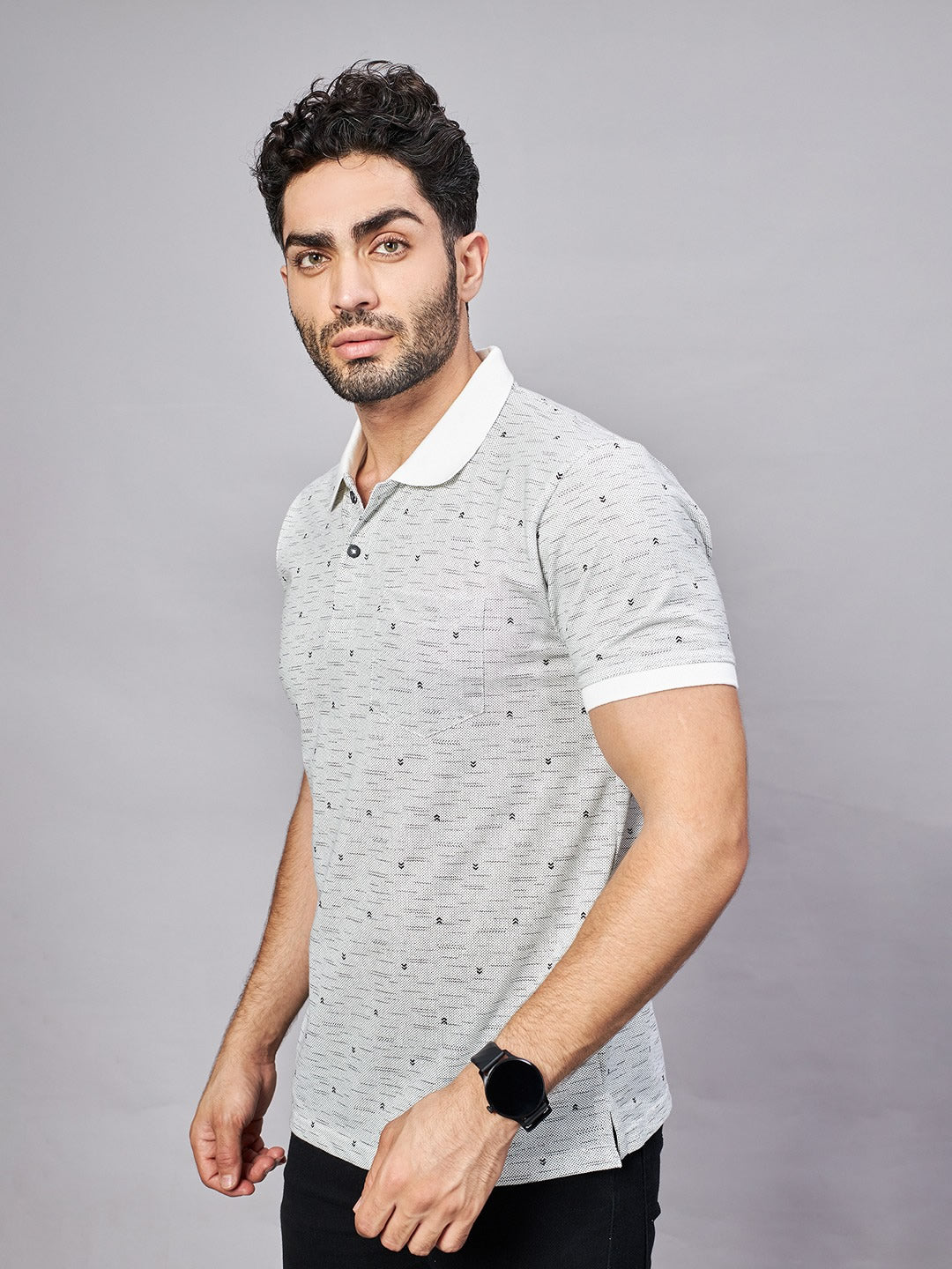 Off White All Over Printed Polo Neck T-Shirt
