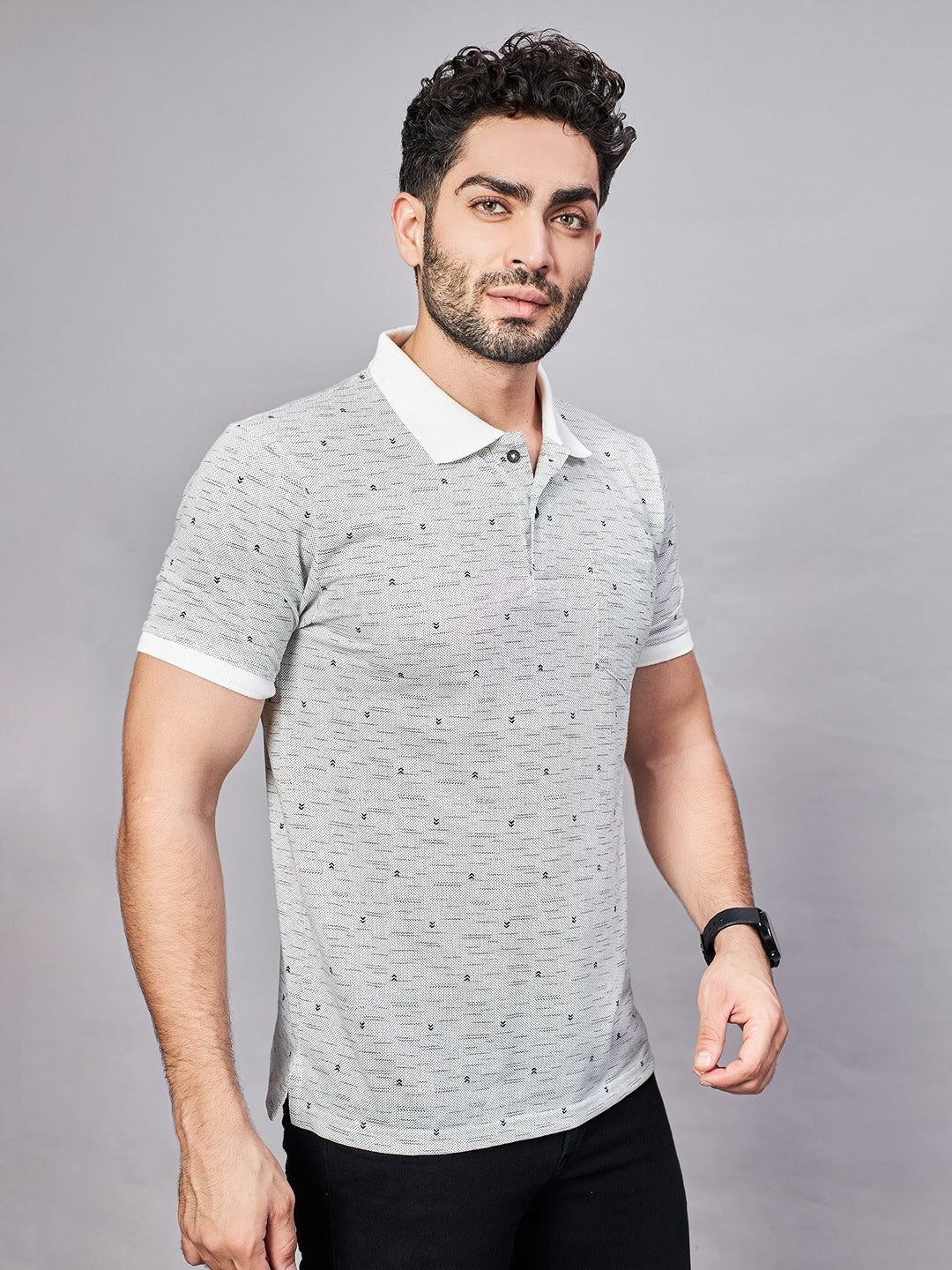 Off White All Over Printed Polo Neck T-Shirt