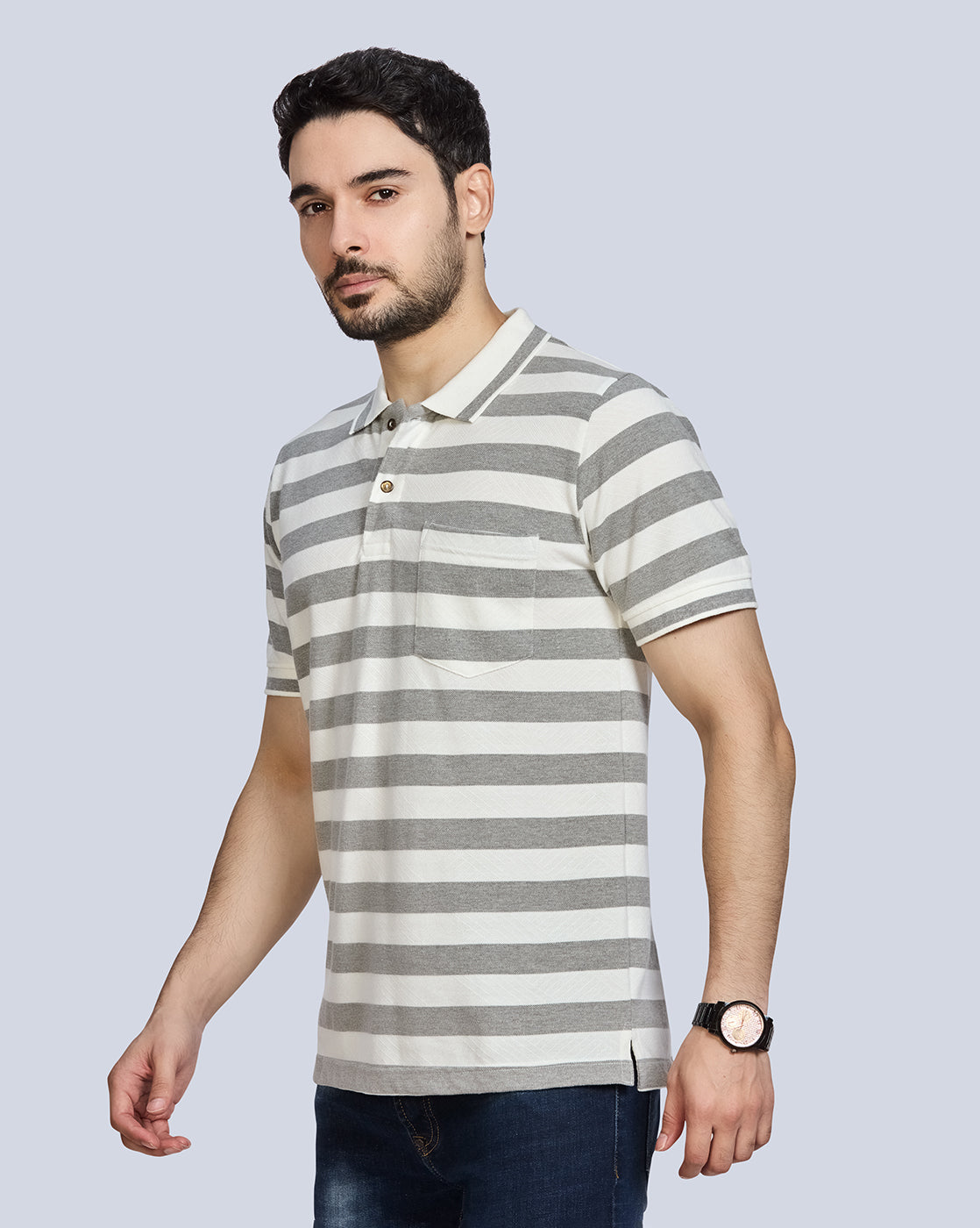 Grey Milange Striped Polo Neck T-Shirt